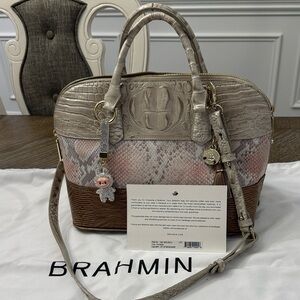 Brahmin Vivian Pink Madera Cream and Pink Satchel Bag with a labuby keychain.